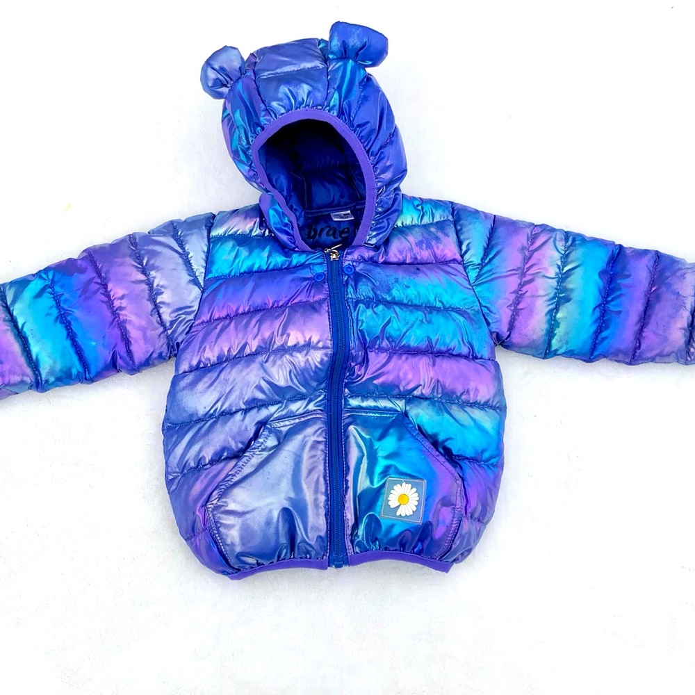 Toddler Puffer Jacket Coat Hooded Iridescent w. Ears Sz. 12-24 mos.